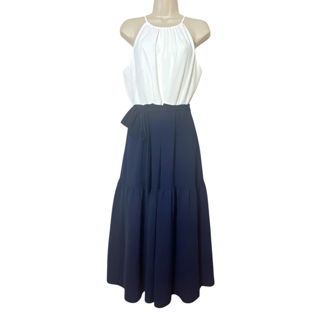 DKNY Elegant Ivory Navy Blue Midi Womens Dress Size 10 (3-4)